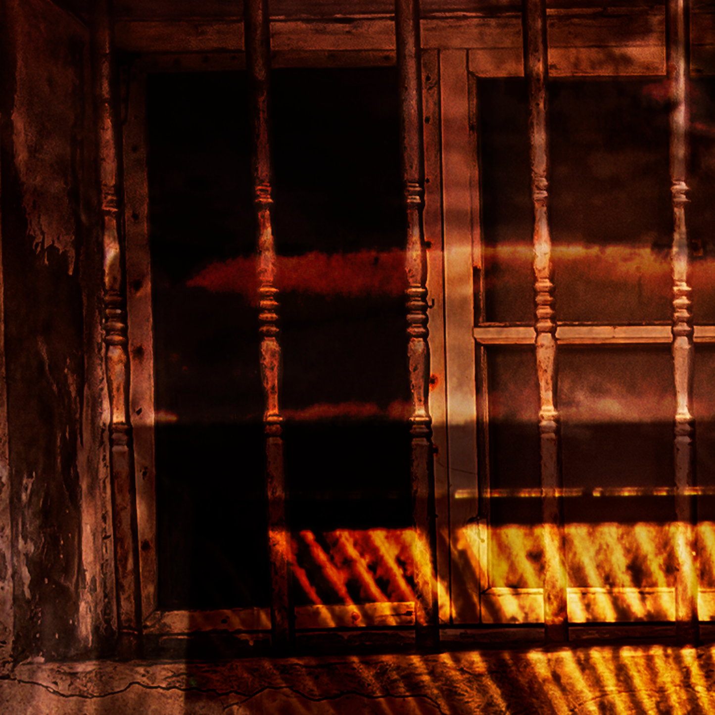 Wooden lattice with warm light casting shadows on a dark background
