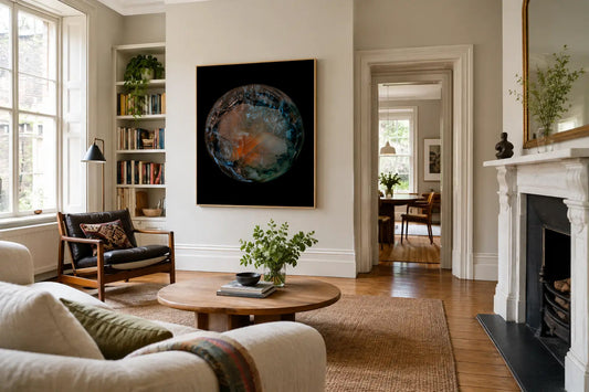 Large framed abstract photographic artwork displayed above a wooden chair in a light-filled living room