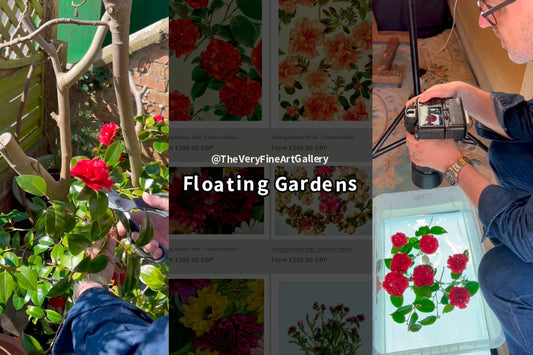 Image of cutting heads of plants, title board for floating Gardens photography collection, and photographer shooting images of flower blossoms