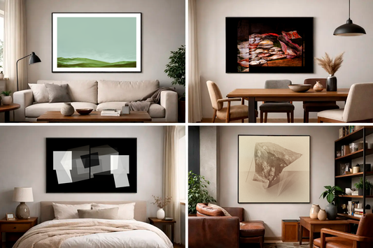 Four different artworks hanging on a variety of walls around a house