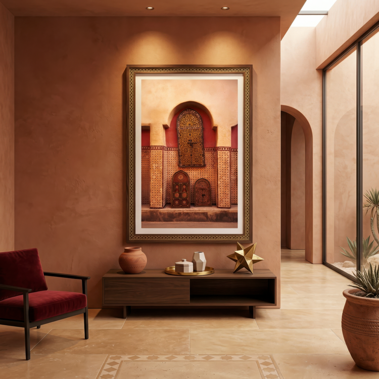 Framed Marrakesh architectural print displayed on a warm terracotta wall in a modern interior"
