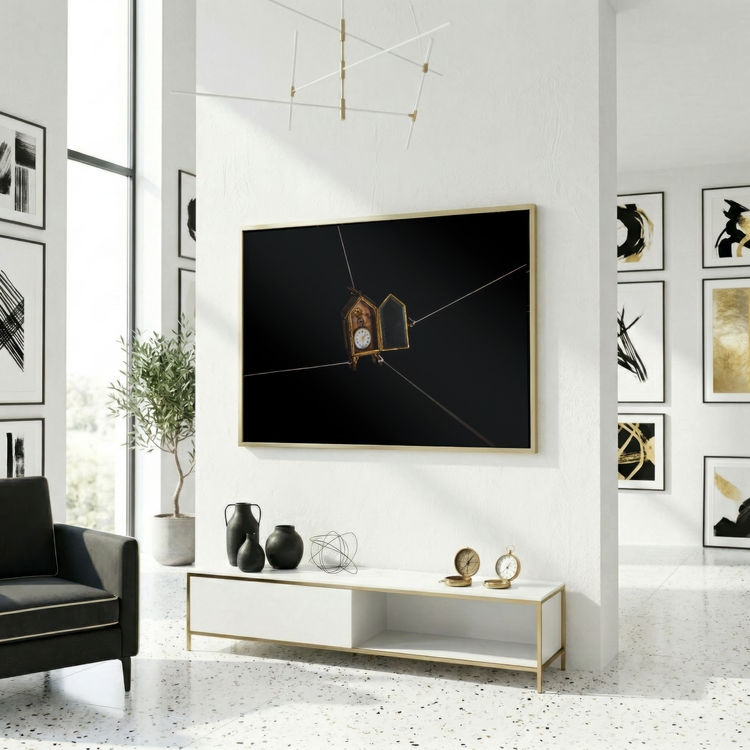 Modern living room with a large photograph displayed on the wall, a white cabinet below, and decorative items.