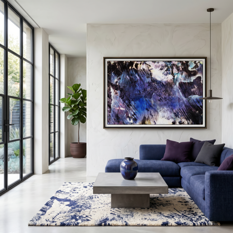 Modern living room with a blue sofa, abstract painting, and decorative elements.