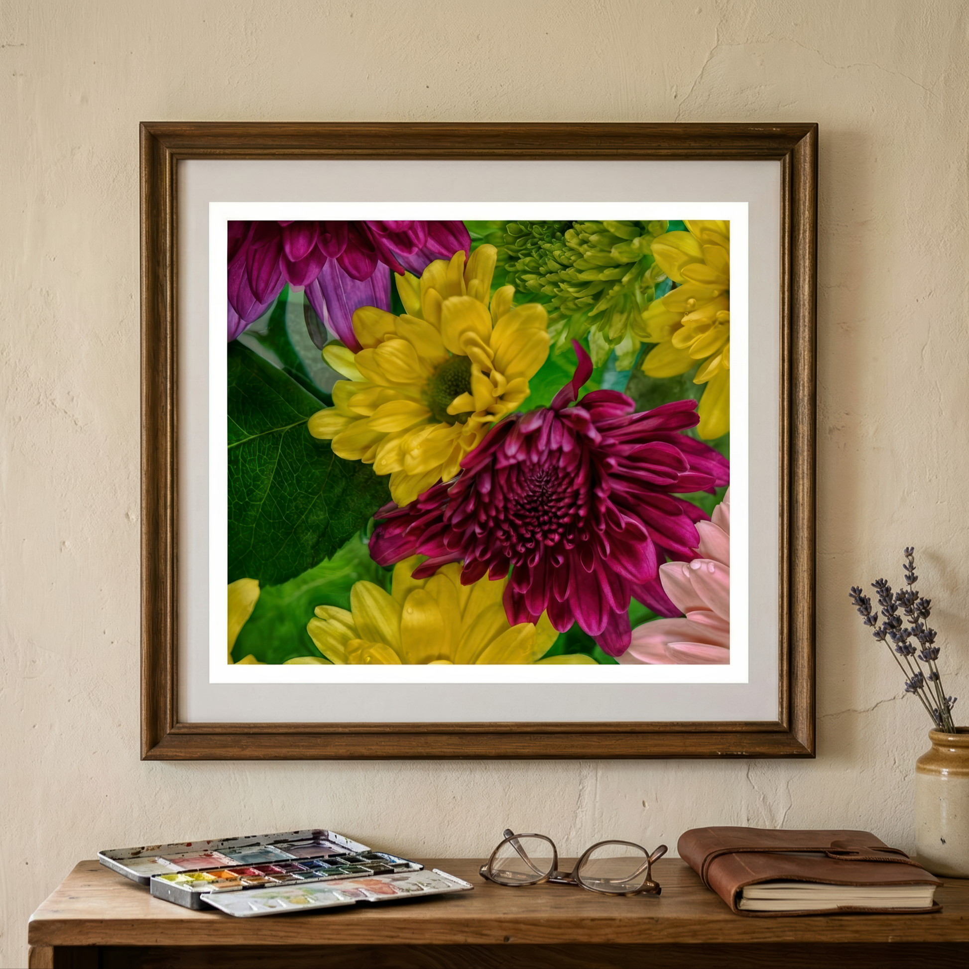 Floating Gardens 026 a framed floral print on a wall above a wooden desk with artists items.