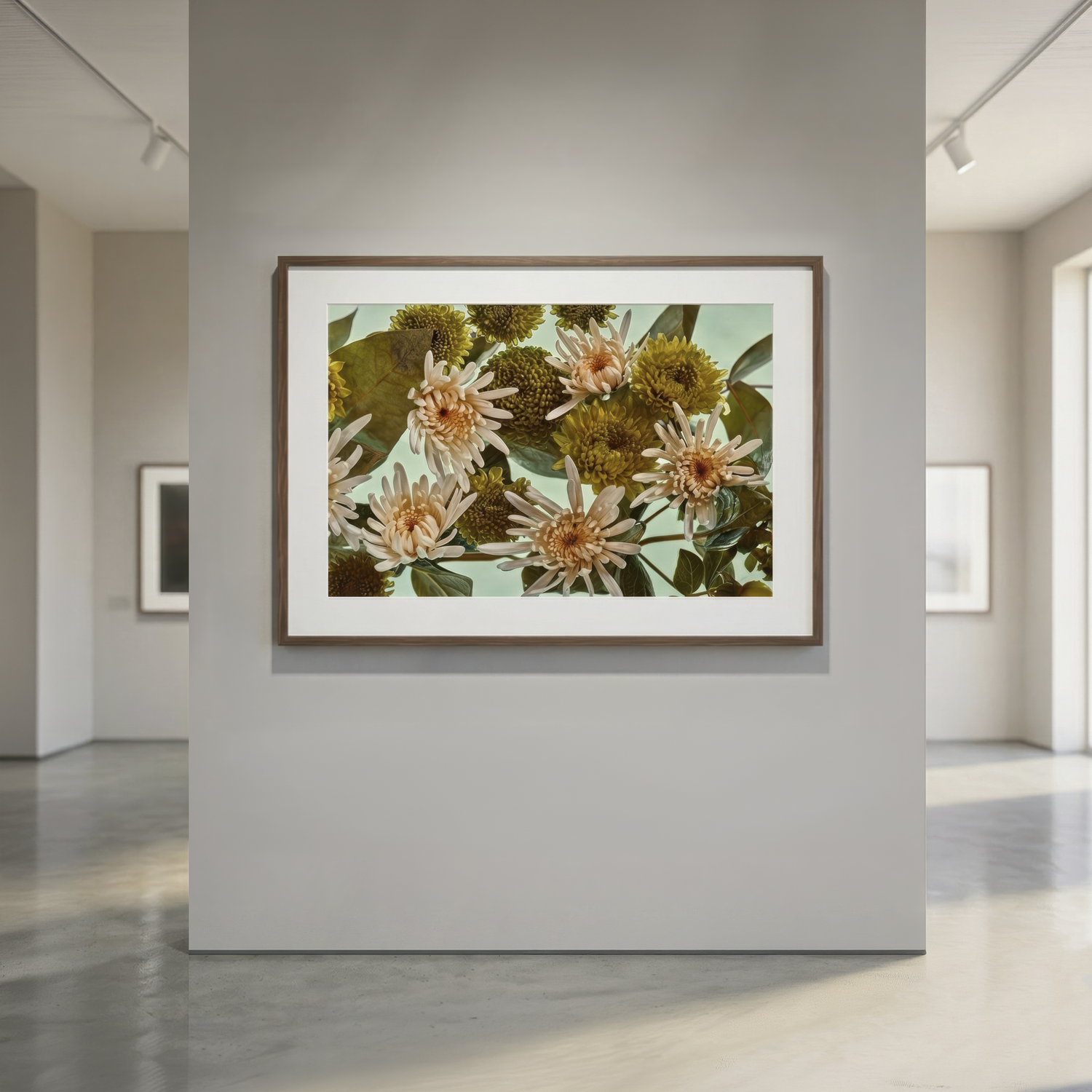 Framed photograph of flowers on a gray wall in an art gallery setting