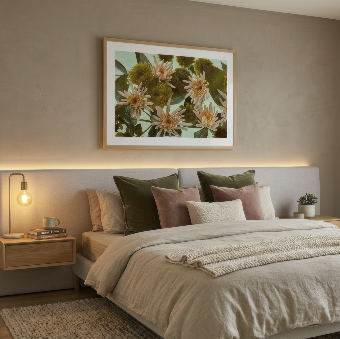 Floating Gardens #032 shown framed above a bed in a softly lit neutral bedroom interior.