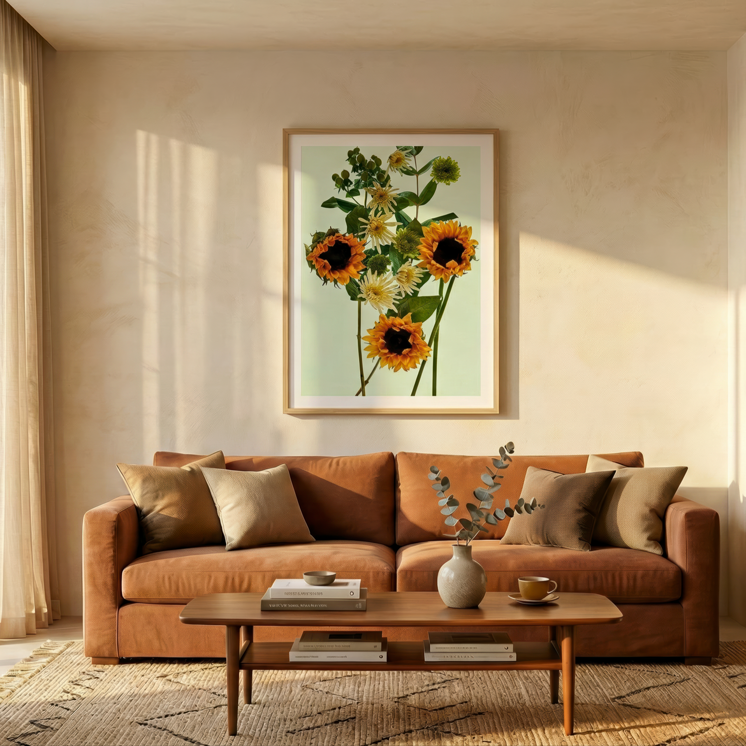 Floating Gardens #033 framed above a sofa in a warm sunny lounge room, shown in situ.