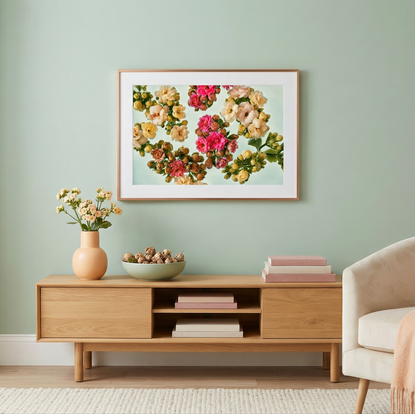 Floating Gardens #041 framed above a wooden cabinet, in a living room with a beige armchair.