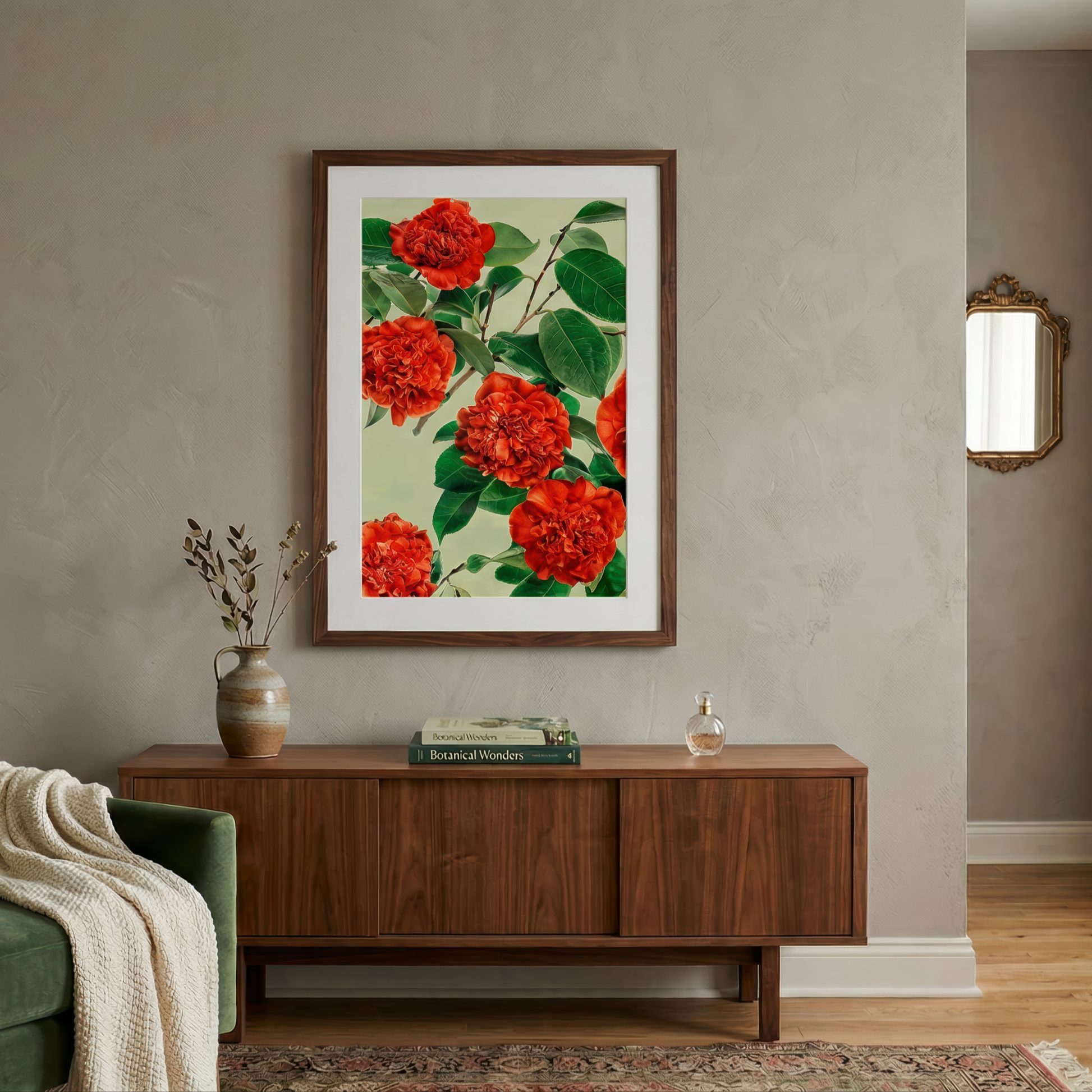 Floating Gardens #053 framed above a wooden cabinet in a warm neutral lounge room, shown in situ.