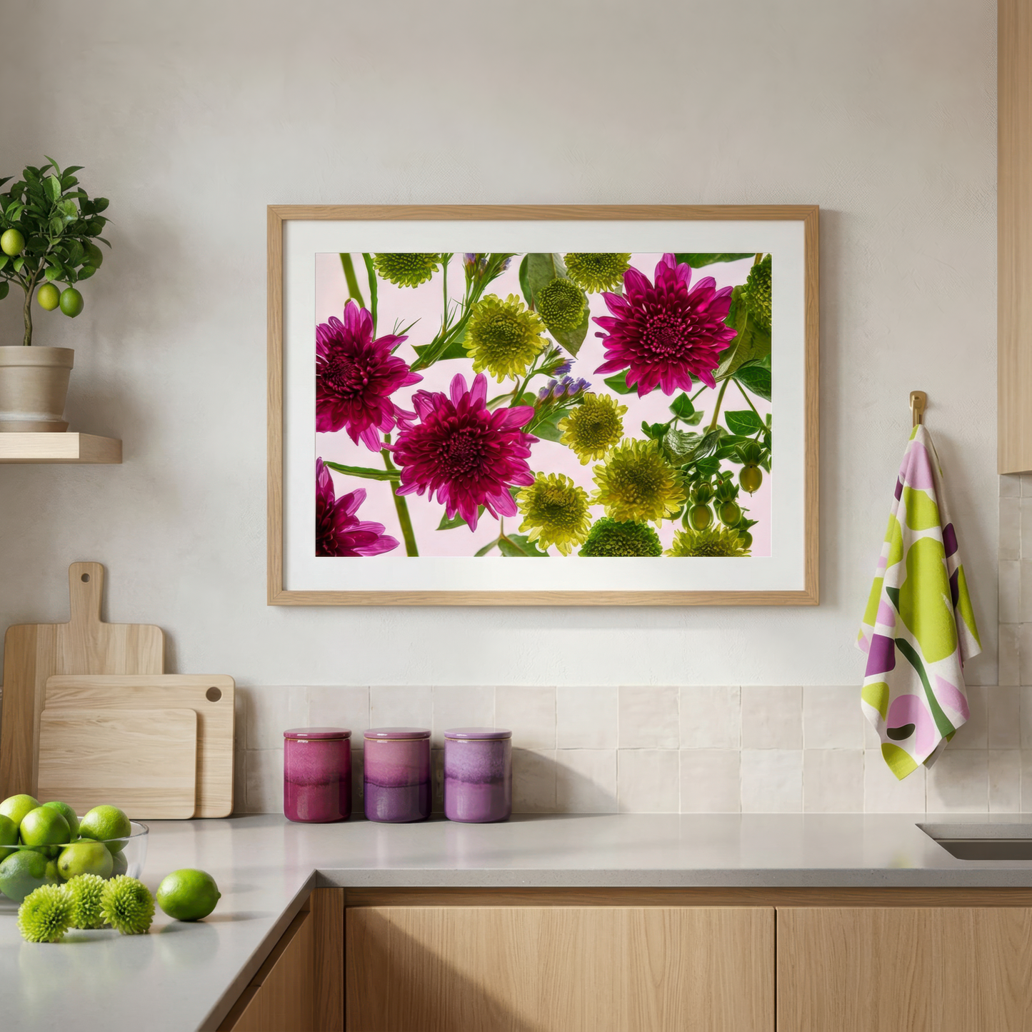 Floating_Gardens_063 a floral photograph hangs in a Kitchen interior  on the wall, cutting board, and kitchen utensils.