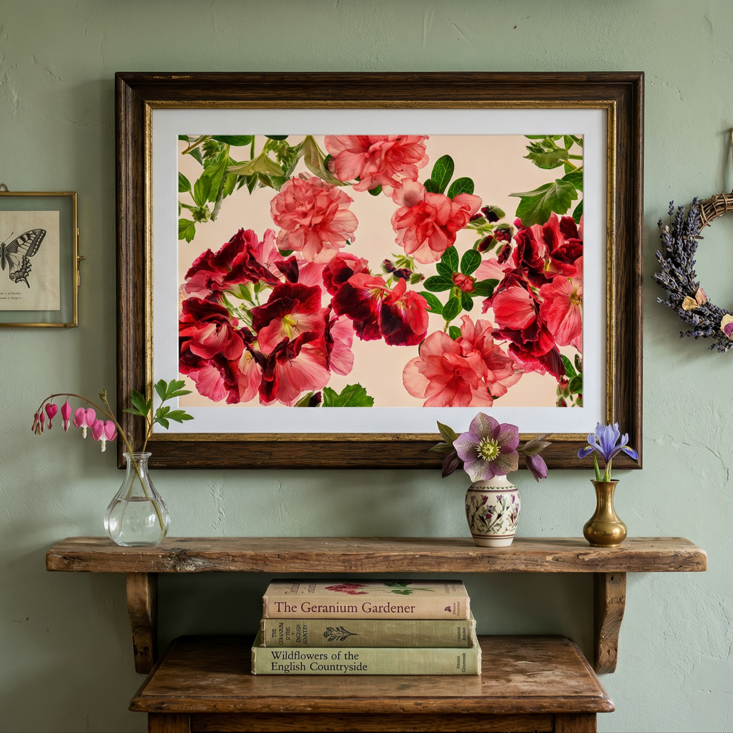 Floating_Gardens_073 a Floral framed artwork on a wall with a wooden console table below.