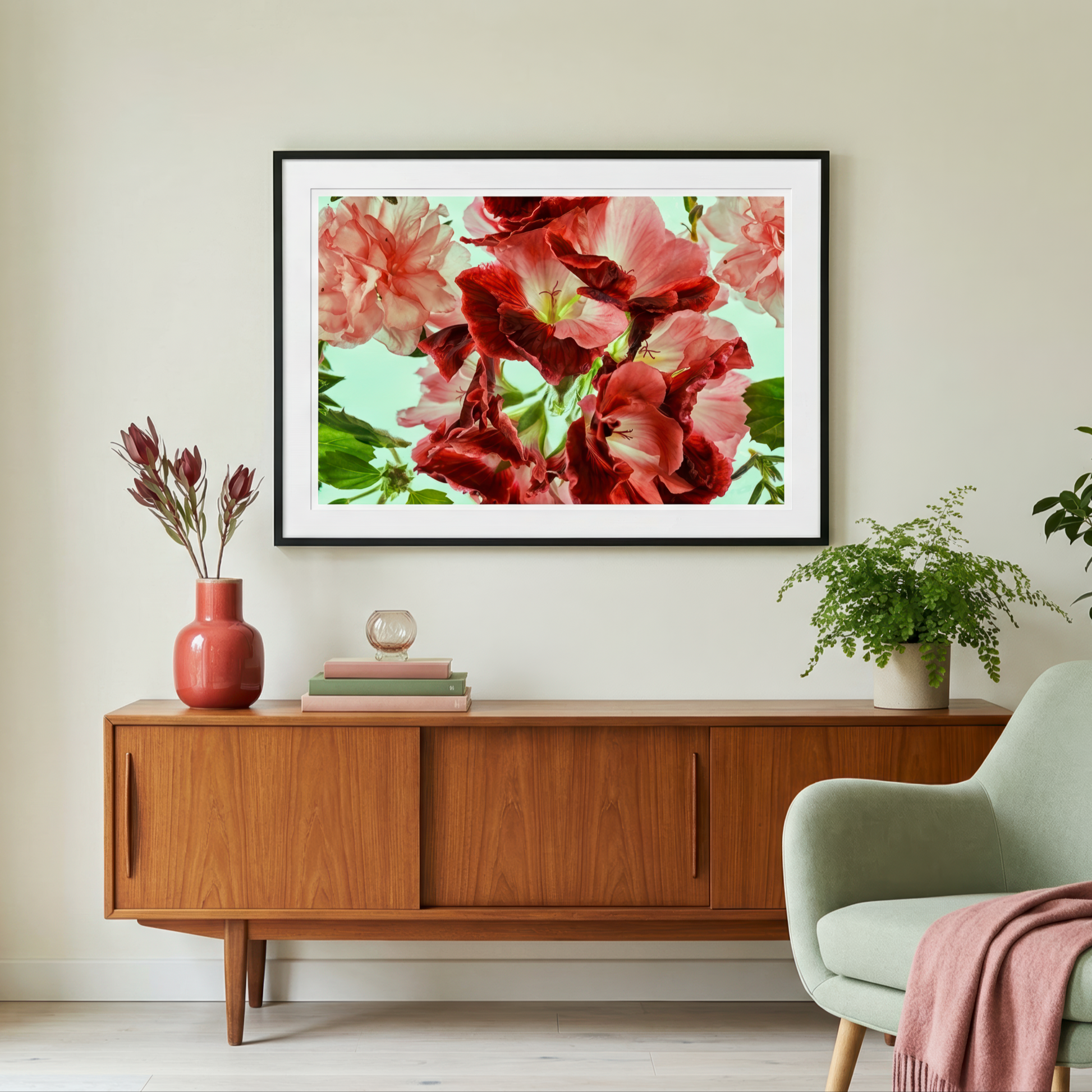 Floating Gardens #076 framed above a wooden cabinet in a warm neutral lounge room, shown in situ.