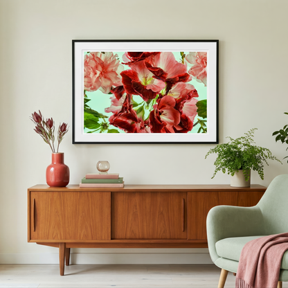 Floating Gardens #076 framed above a wooden cabinet in a warm neutral lounge room, shown in situ.
