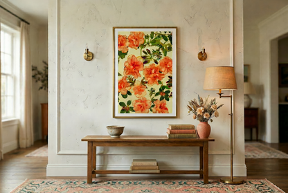 Floating Gardens #078b framed above a wooden bench in a warm neutral hallway, shown in situ.