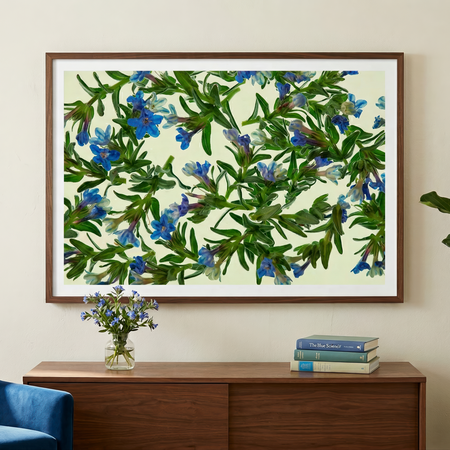 Floating Gardens #082 framed above a wooden cabinet in a warm neutral lounge room, shown in situ.