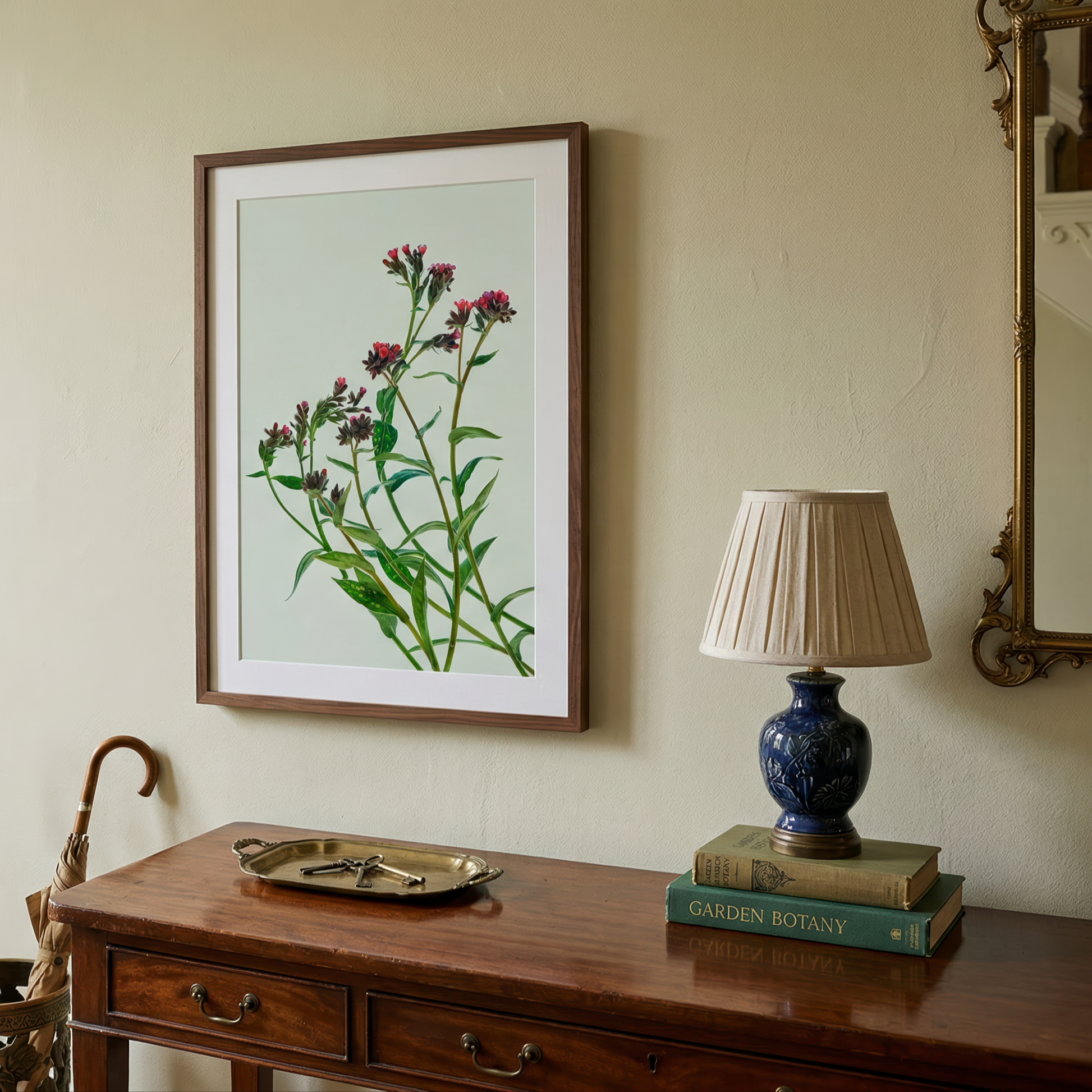 Floating Gardens #083 framed above a wooden console table in a warm neutral hallway, shown in situ.