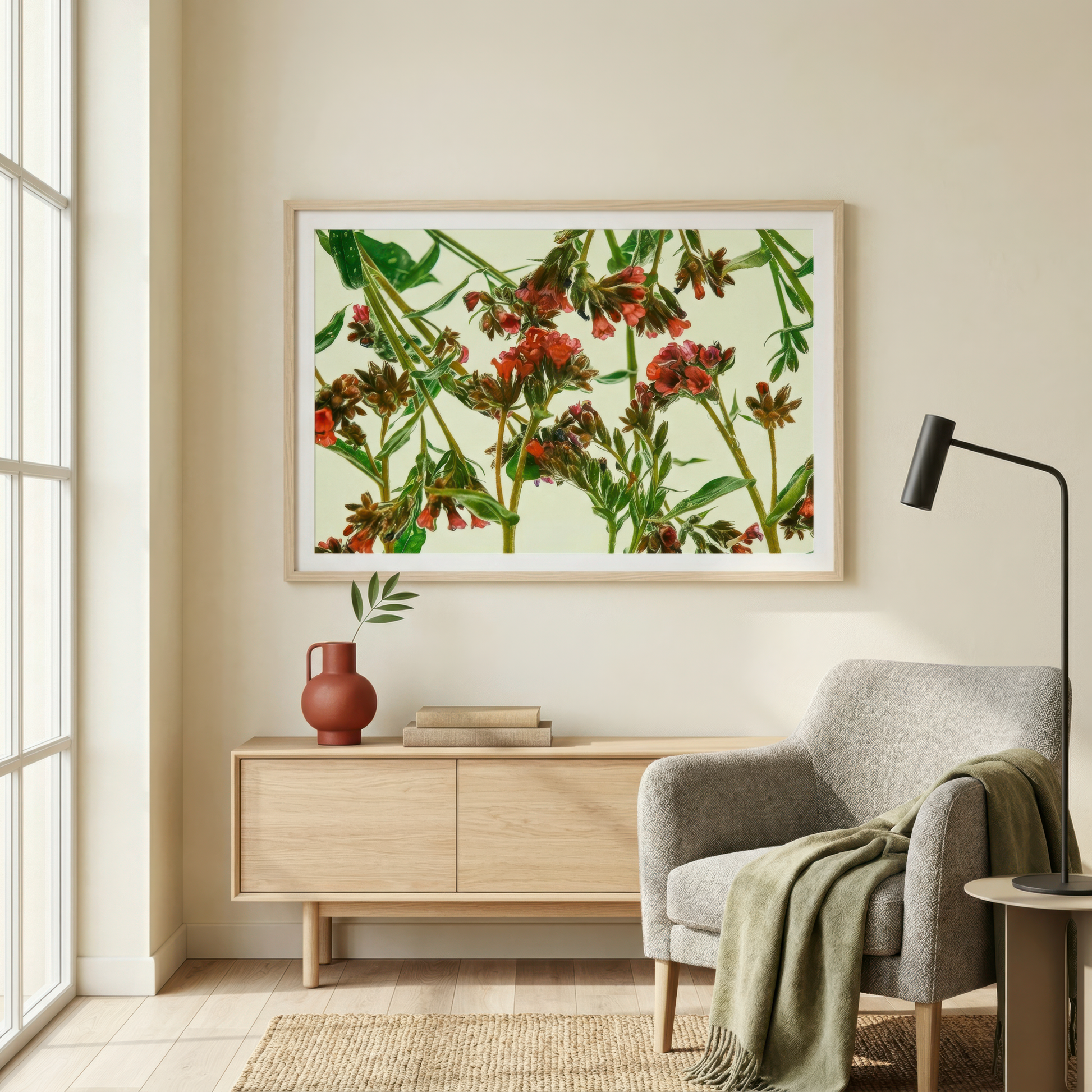 Floating Gardens 086 a floral photograph hangs in a Living room, by an armchair, and side table.