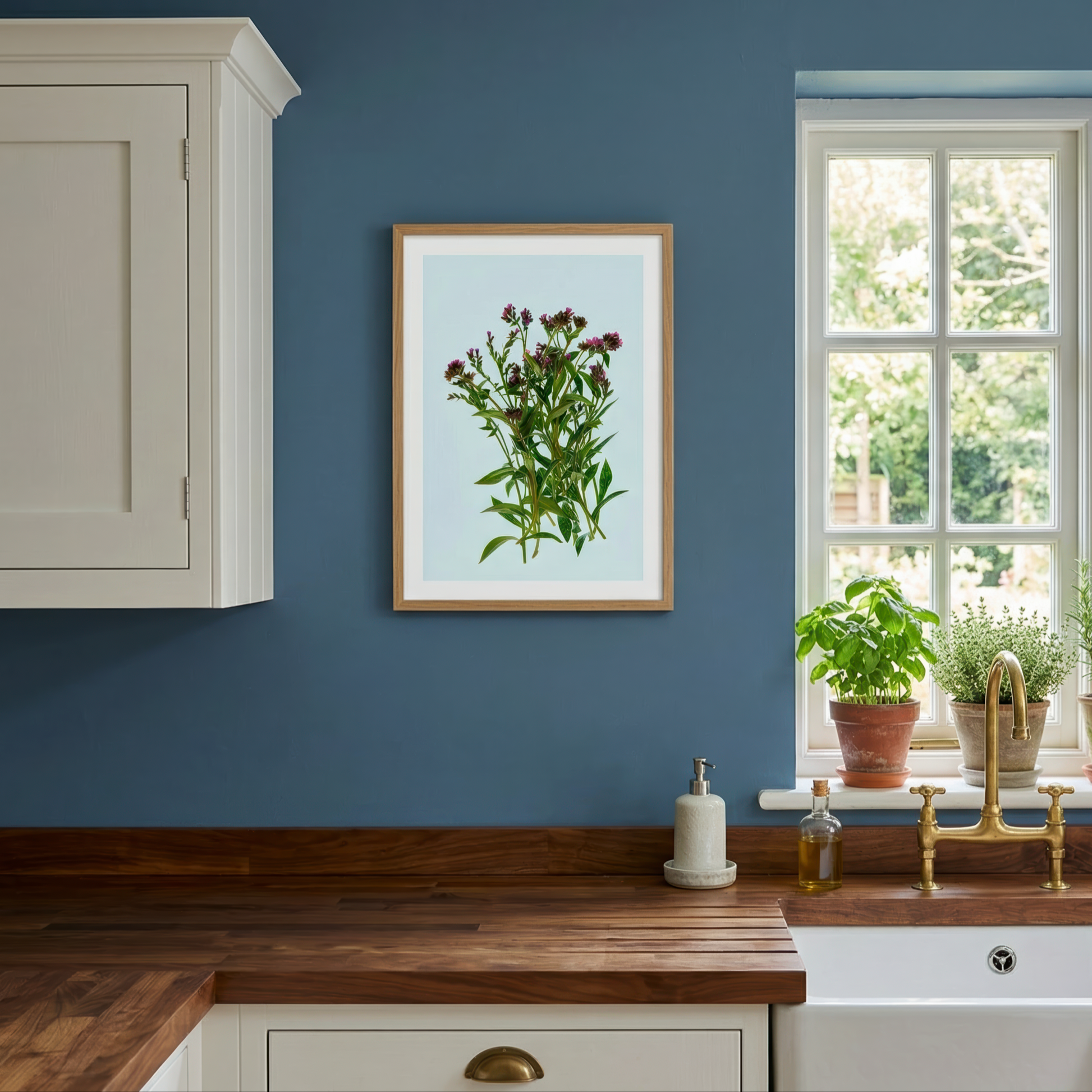 Floating Gardens 090 naging framed in a Kitchen interior with a blue wall, wooden countertop, and window with plants.