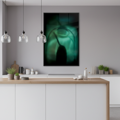 Modern kitchen with a green abstract photograph on the wall