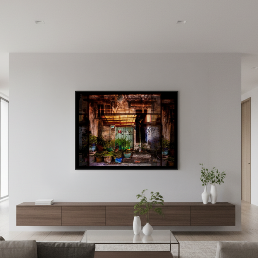 Modern living room with a large photograph on the wall above a wooden console.