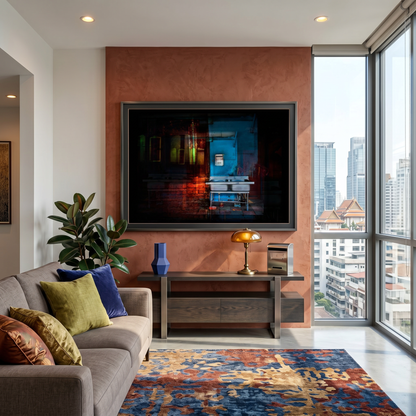 Modern living room with a large TV, sofa, and city view