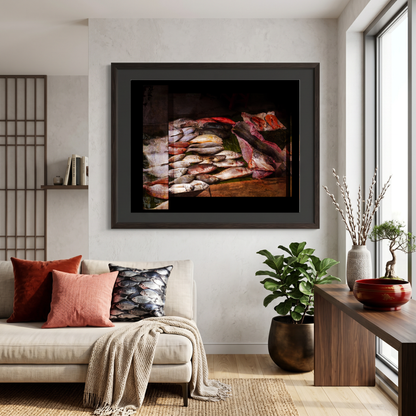 Framed artwork above a sofa in a living room with plants and decor.