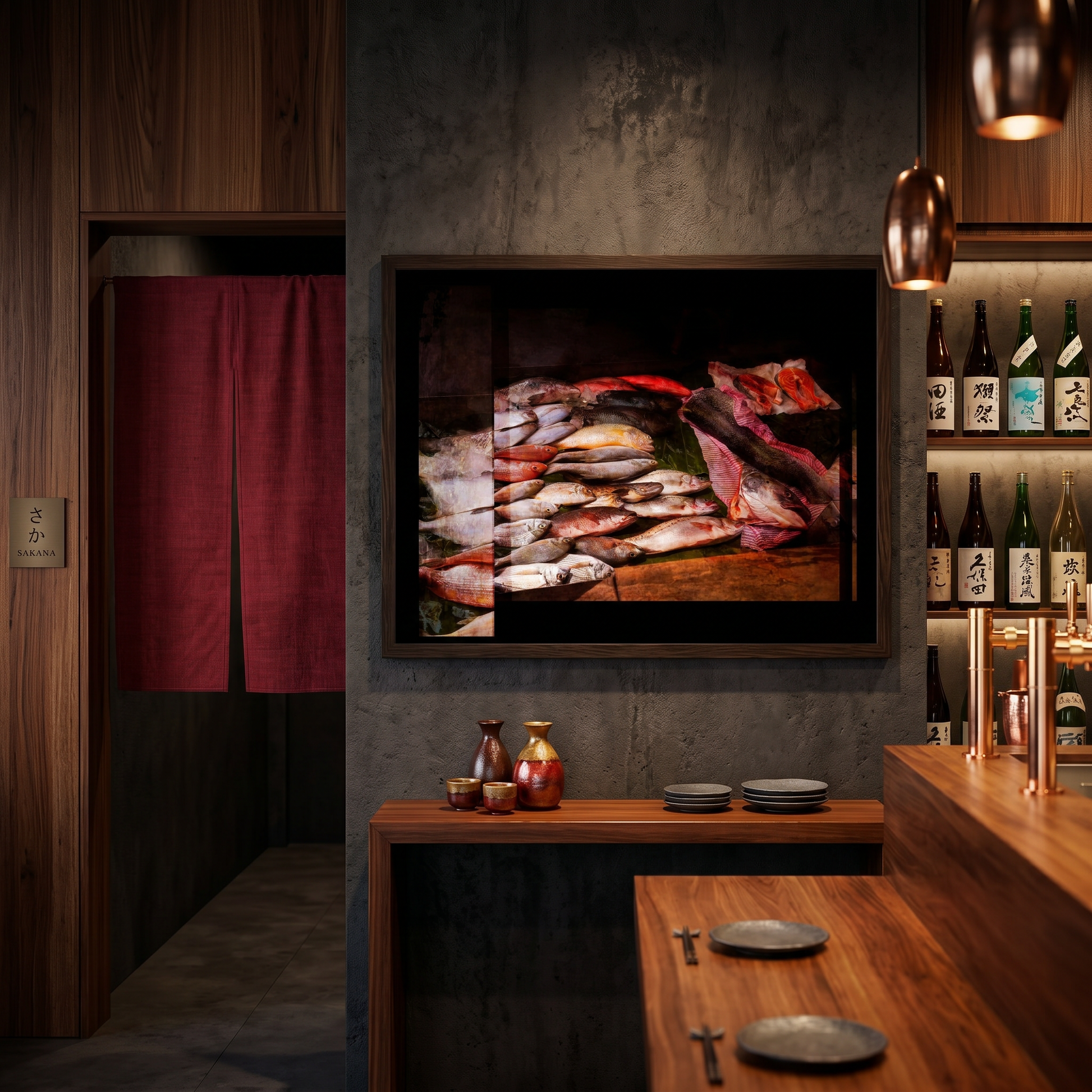 Framed picture of fish on a wall in a restaurant setting with wooden furniture and bottles.