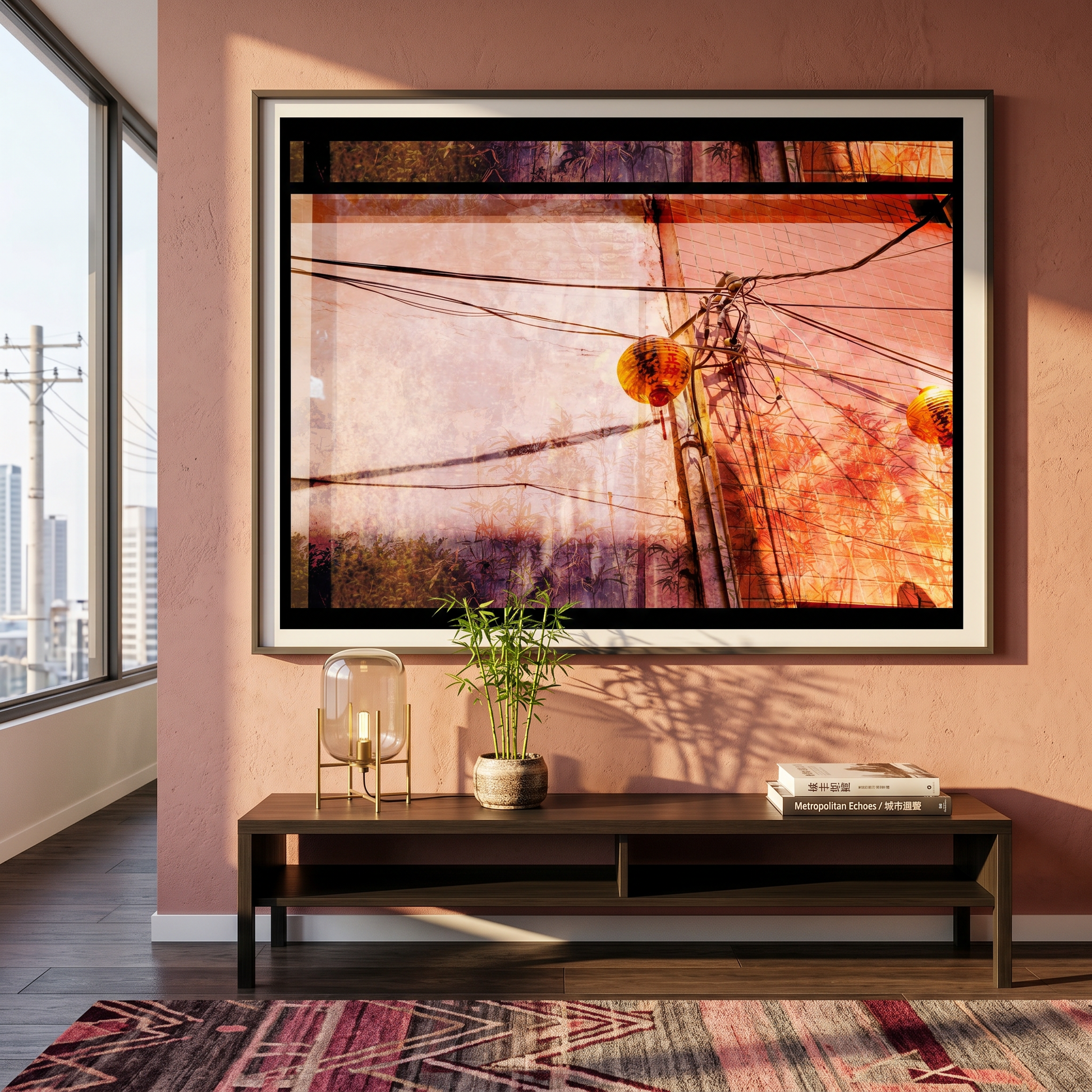 Framed abstract artwork on a wall in a room with a window and decorative items.