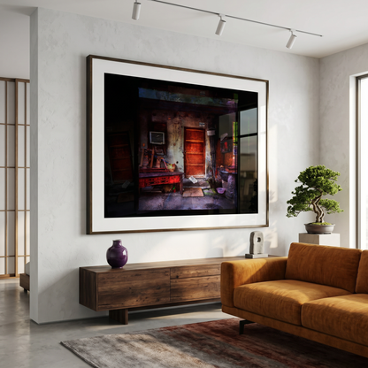 Living room with a large framed artwork on the wall, brown sofa, and wooden cabinet.