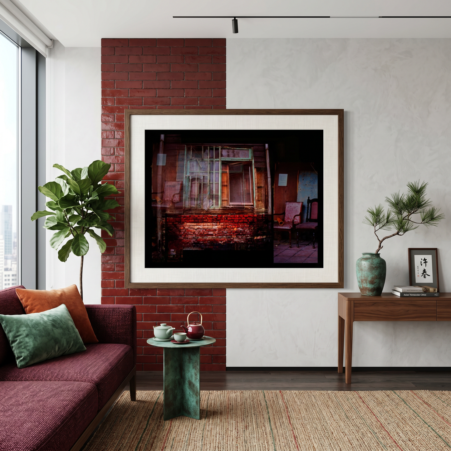 Living room with a framed photograph on the wall, a purple sofa, and decorative items.