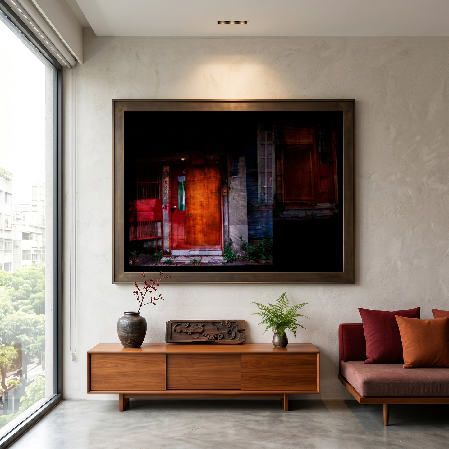 Modern living room with a large framed print mounted on the wall, wooden cabinet, and sofa.