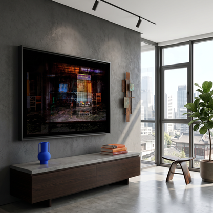 Modern living room with a large framed print mounted on the wall, wooden cabinet, and city view.