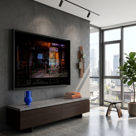 Modern living room with a large framed print mounted on the wall, wooden cabinet, and city view.