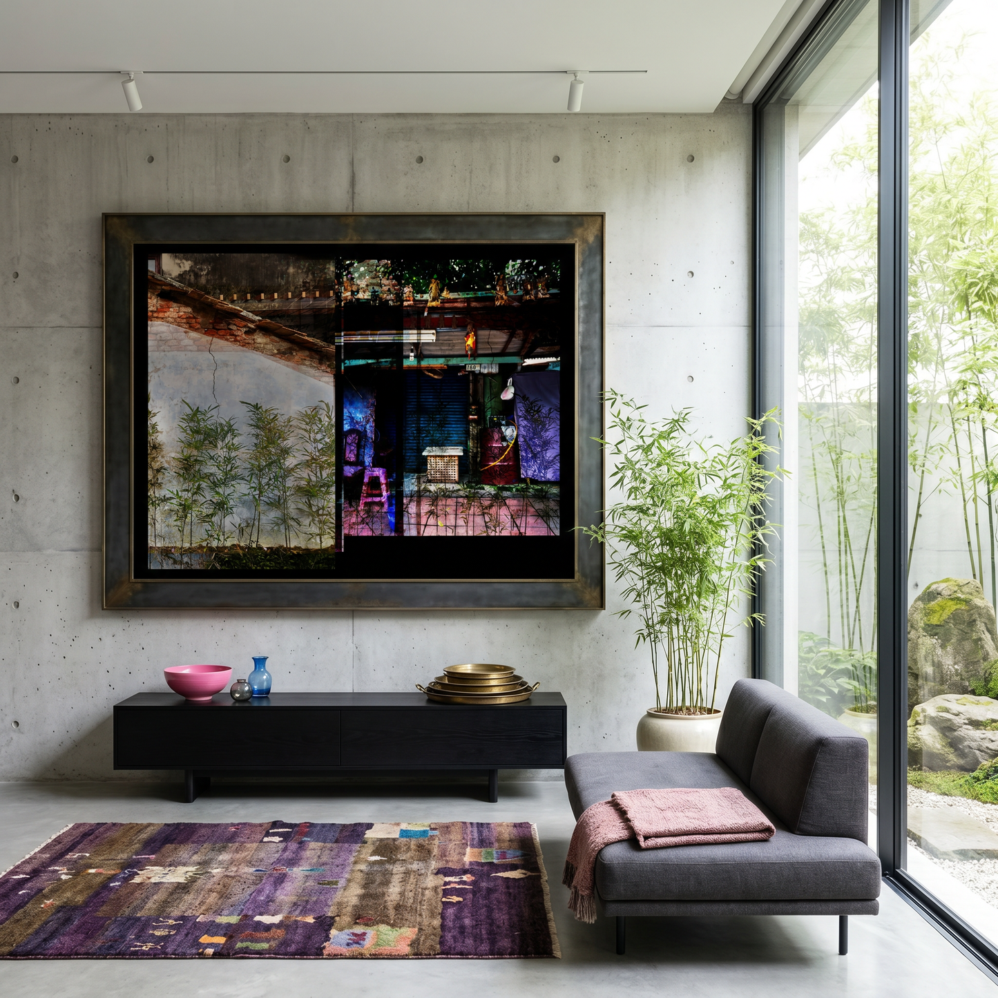 Modern living room with a large framed artwork on the wall, gray sofa, and decorative items.