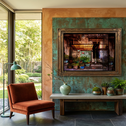 Modern interior with a textured wall, framed artwork, and decorative plants.
