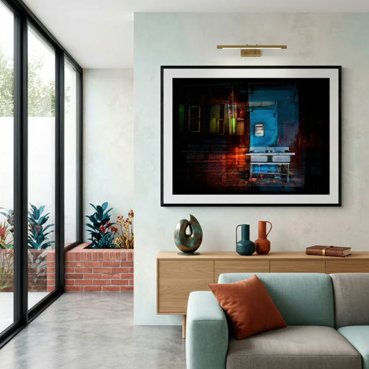 Modern living room with a framed photograph on the wall, a sofa, and decorative items.