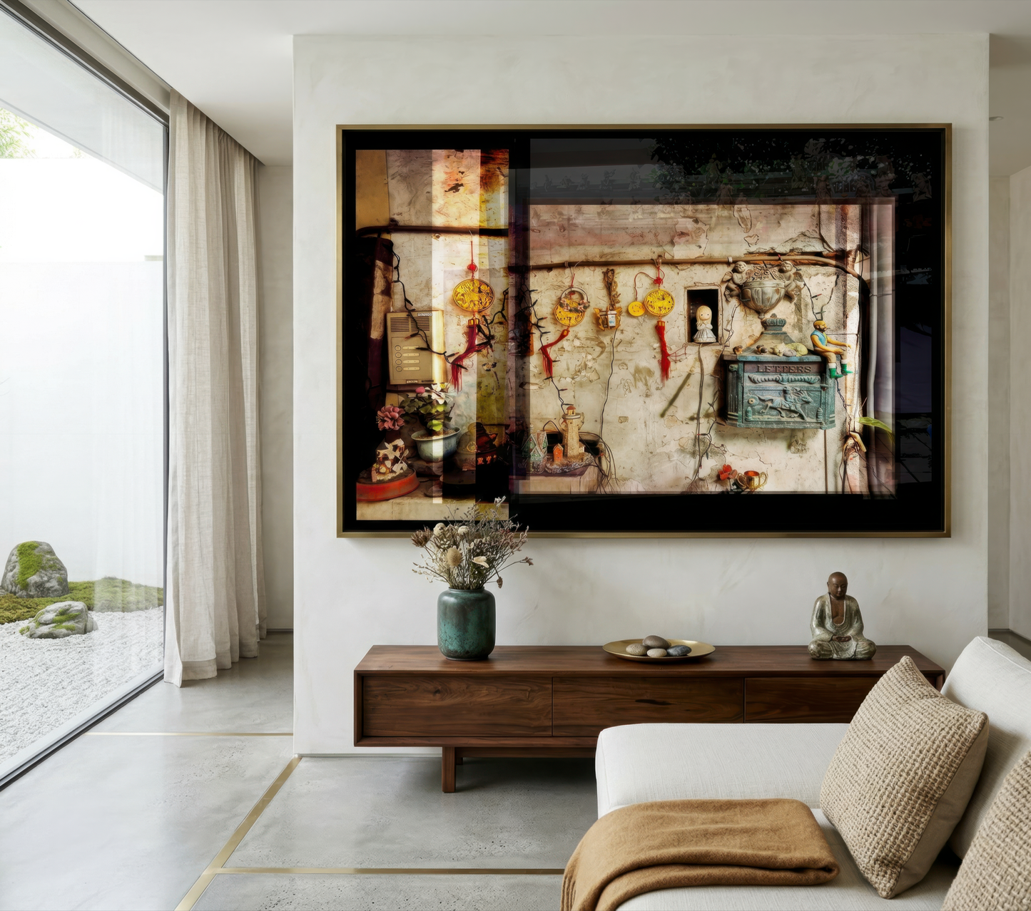 Modern living room with a large framed artwork on the wall, a wooden console, and a sofa.