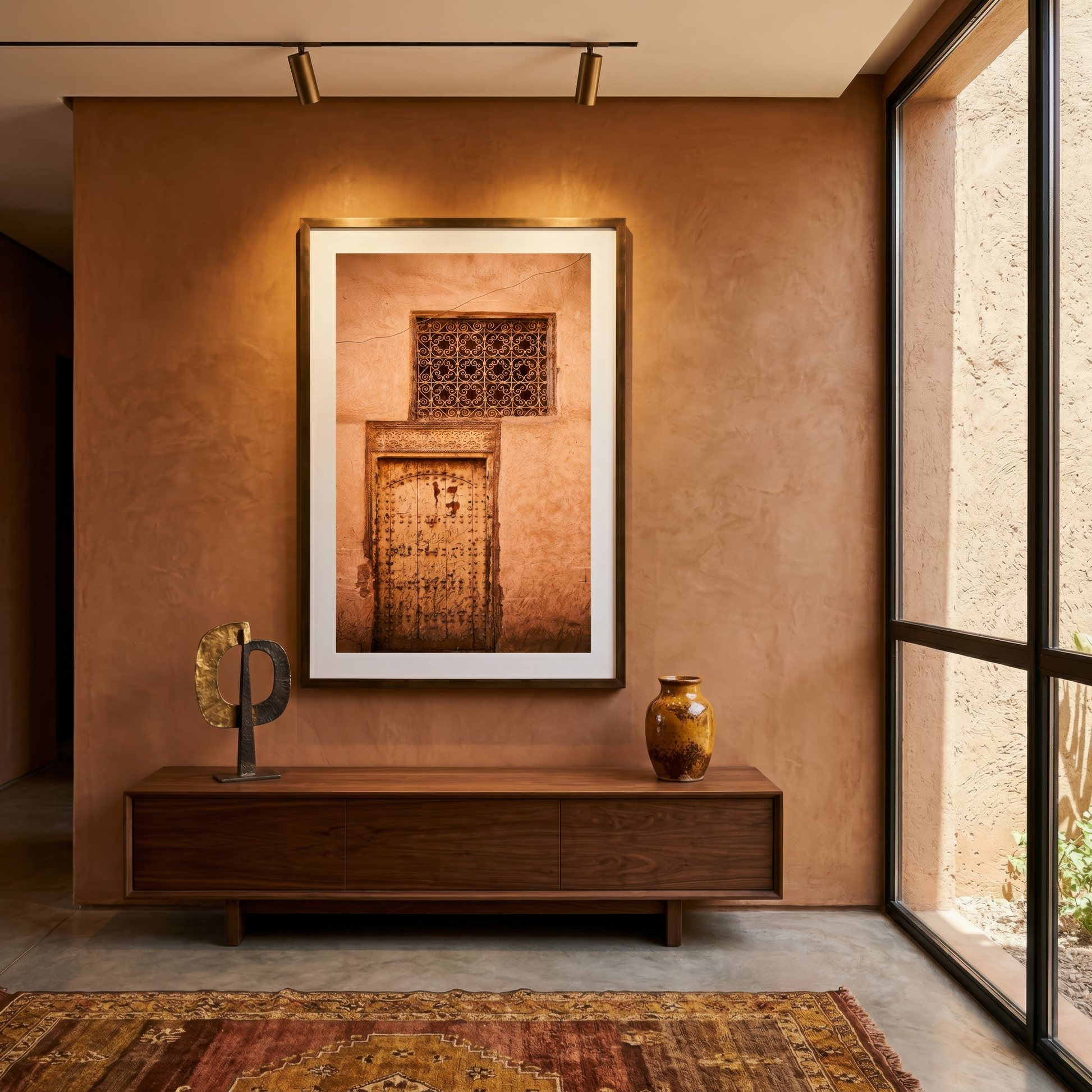 Framed photograph of a doorway in Marrakesh on a wall in a room with a wooden cabinet and decorative items.