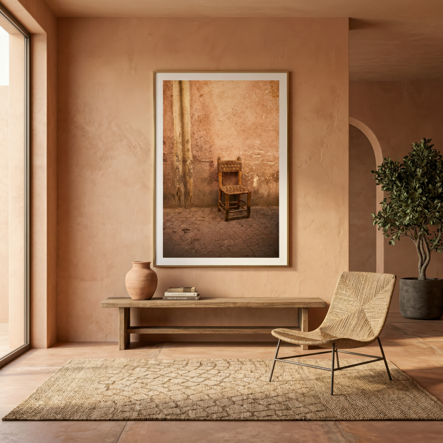Modern interior with a framed photograph of a Moroccan chair on a beige wall, wooden bench, chair, and plant.