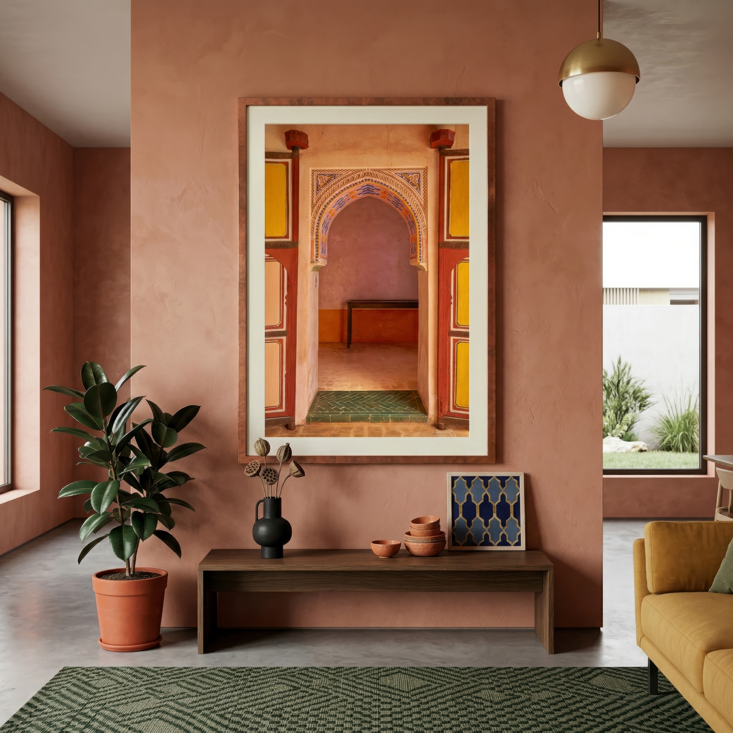 Living room with a large framed photograph of an archway in Marrakesh on the wall, a plant, and a sofa.