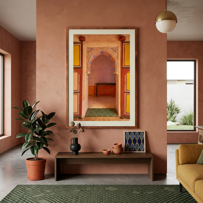 Living room with a large framed photograph of an archway in Marrakesh on the wall, a plant, and a sofa.