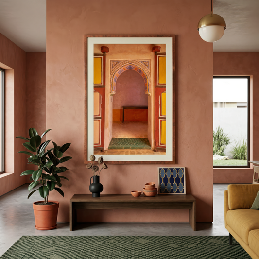 Living room with a large framed photograph of an archway in Marrakesh on the wall, a plant, and a sofa.