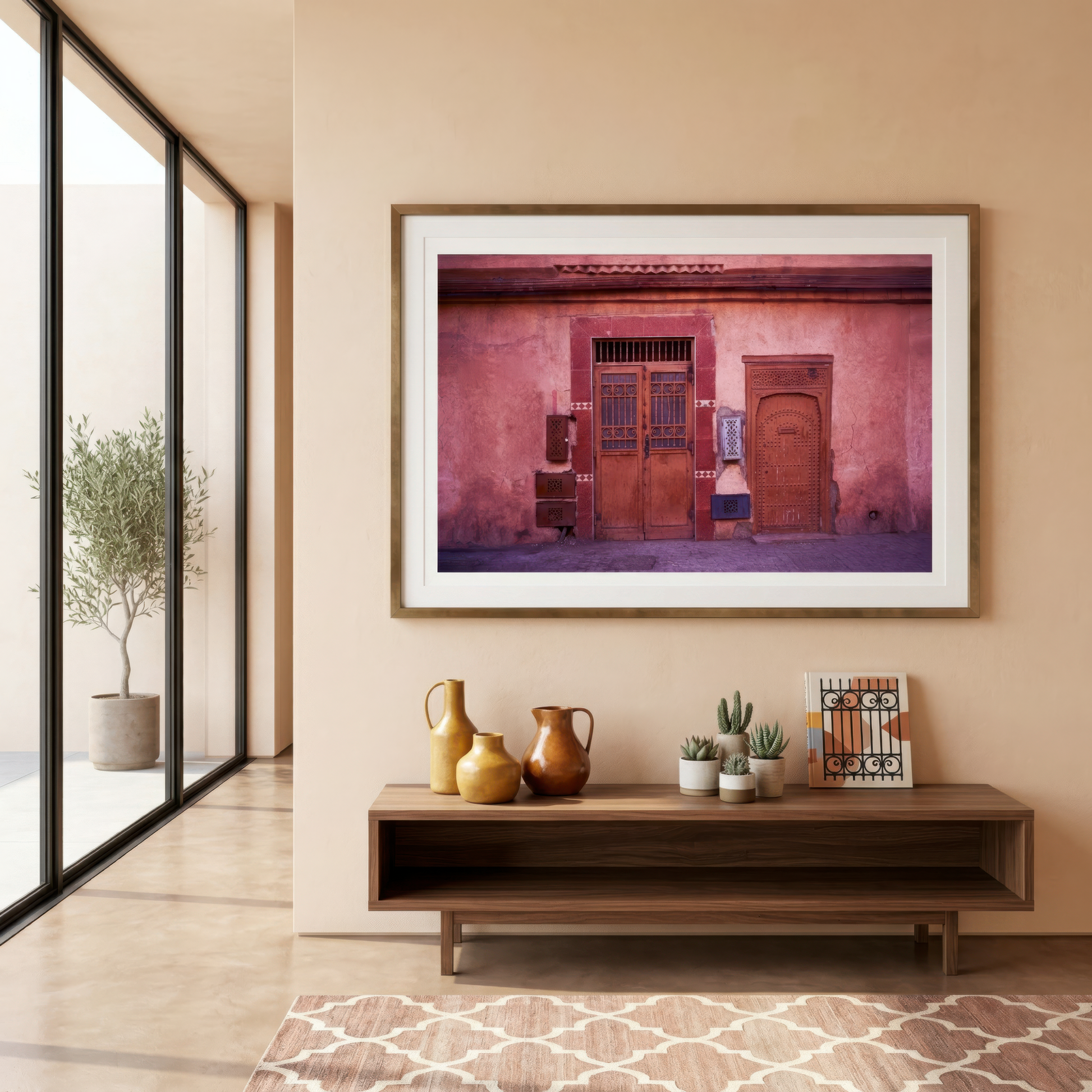 Framed photograph of a traditional door on a wall above a wooden console table with decorative items.