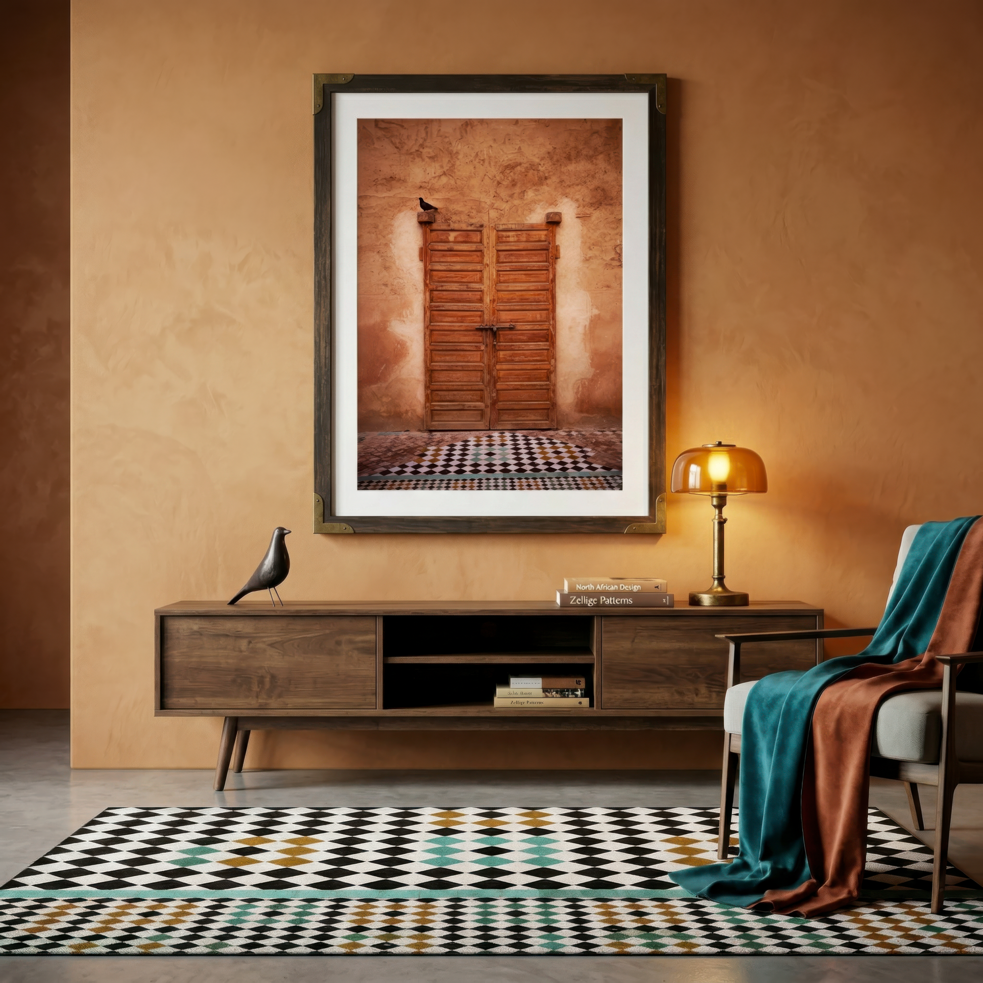 Living room with wooden cabinet, framed photograph of a doorway in Marrakesh, and decorative items.