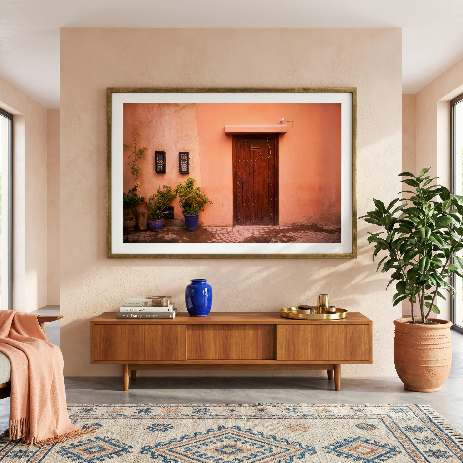 Living room with a framed photograph on the wall, wooden cabinet, and decorative items.