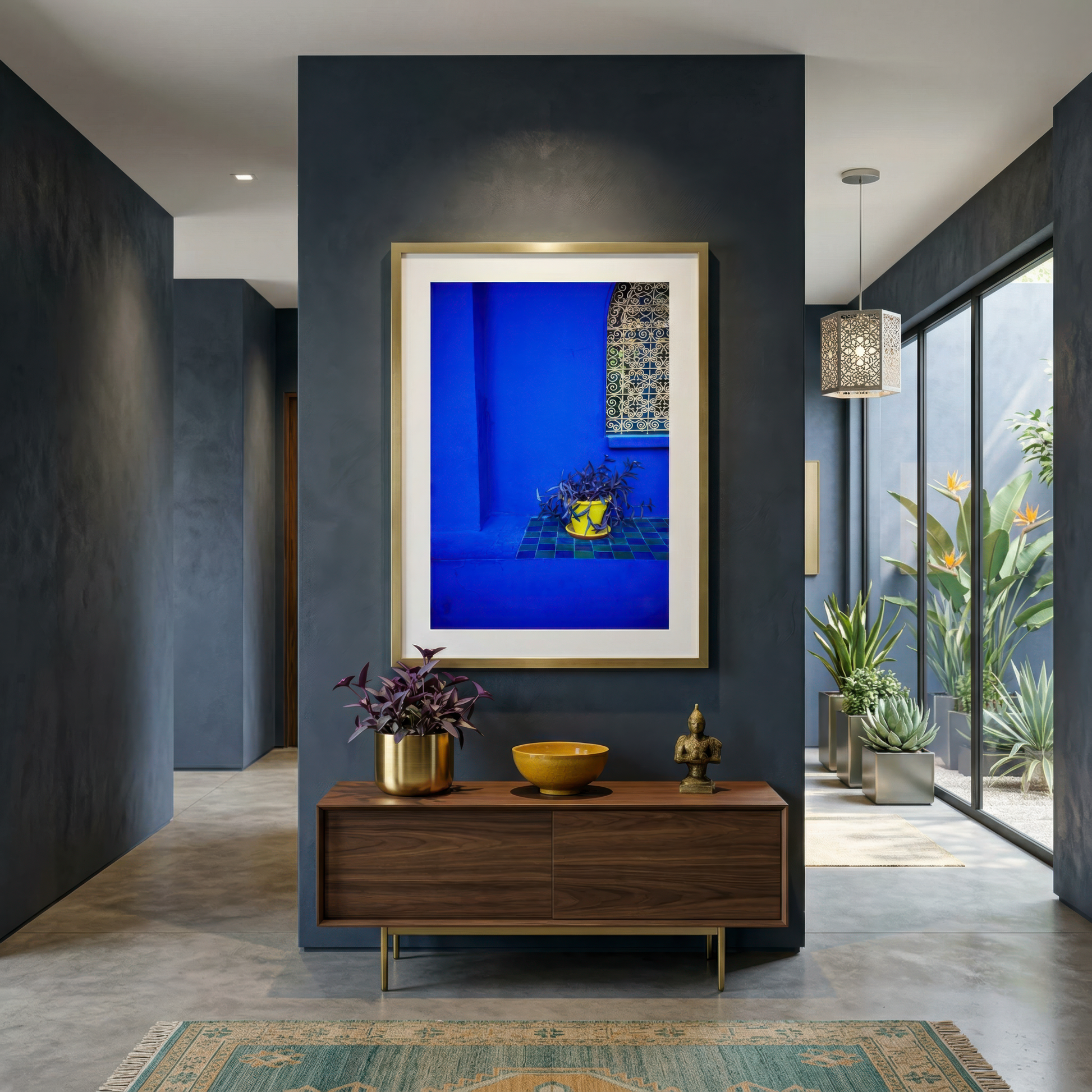 Modern interior with a blue wall a photograph of the Jardin Marjorelle in Marrakesh, wooden console table, and decorative items.