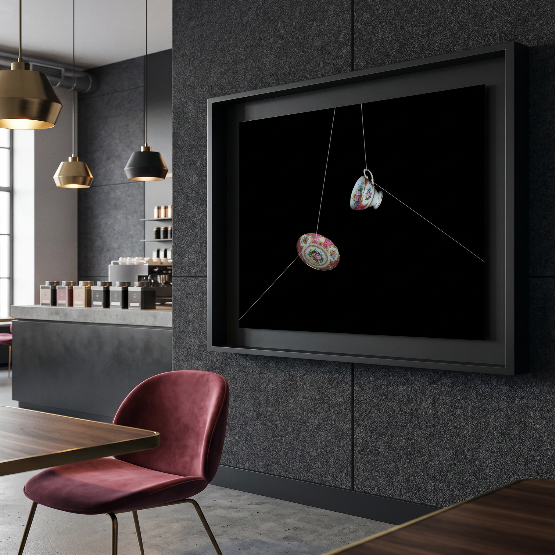 Modern interior with a dark wall featuring a framed picture 