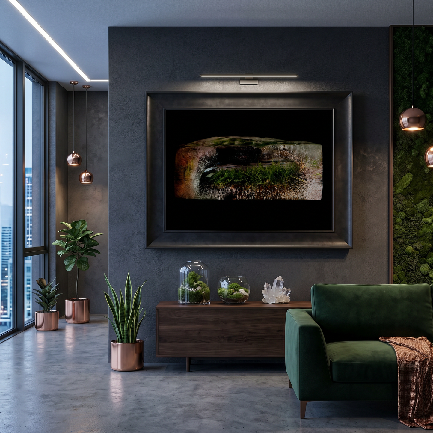Large framed artwork of frozen ice on a modern apartment wall