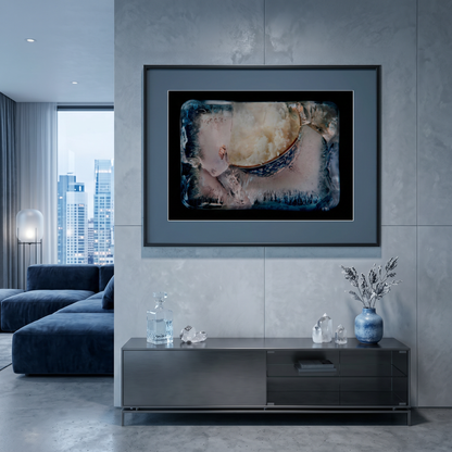 Large framed print on a wall in a modern apartment