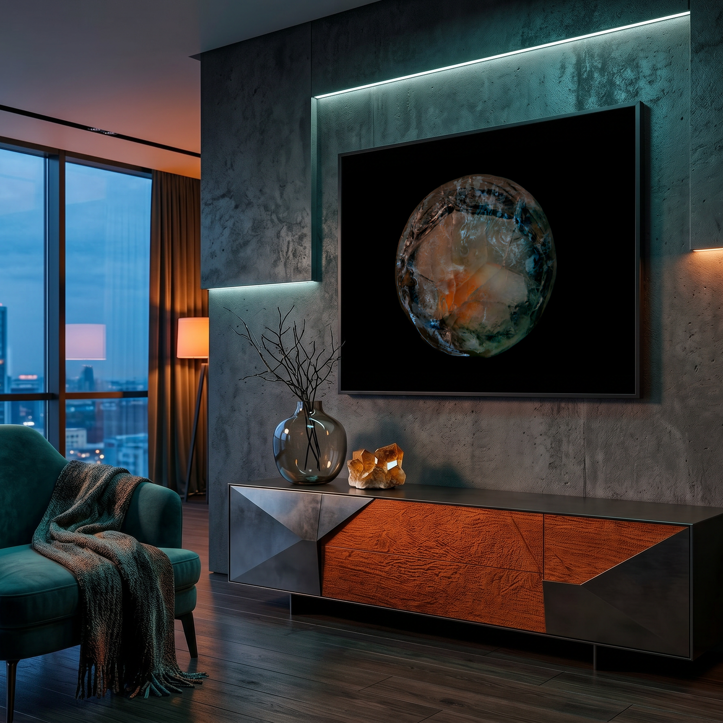 Modern living room with a large framed artwork, a green armchair, and a cityscape view.